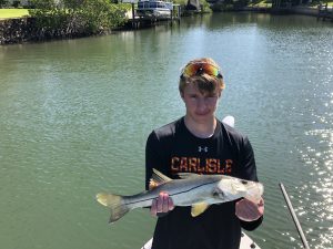 An angler holds a snook caught in a canal in Sarasota 