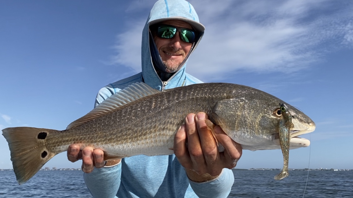 The author holds up a redfish caught for the camera