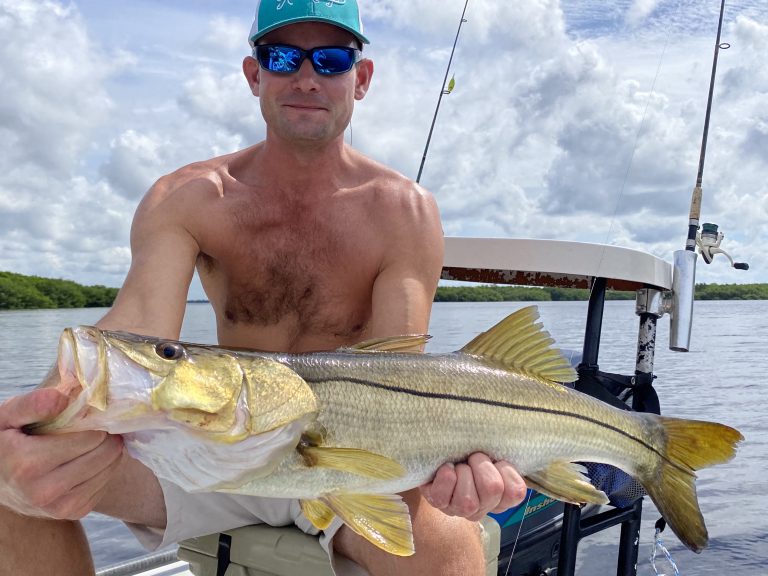An angler holds a large snook