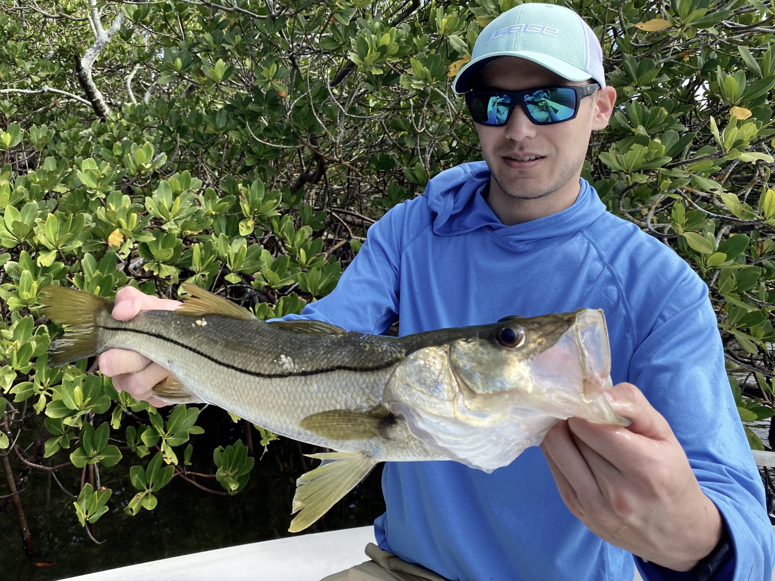 An angler holds a fat snook caught while fly fishing in the back country