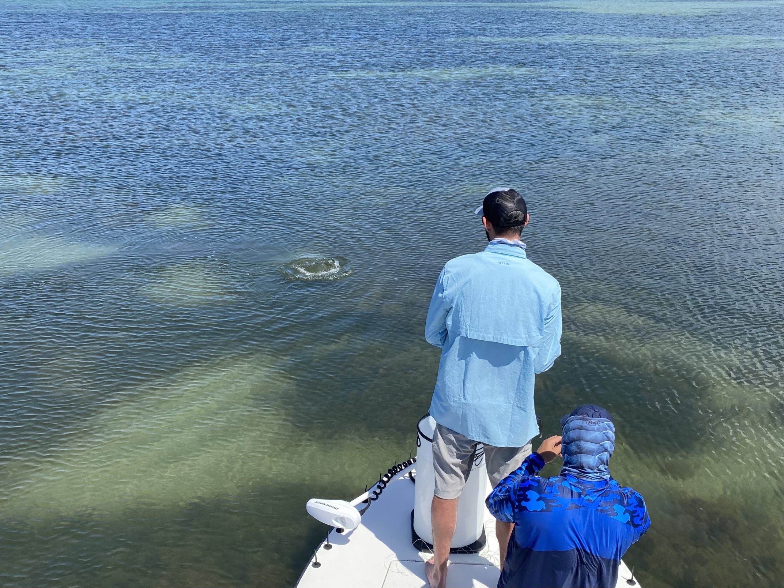 An angler fights a redfish on a fly rod in lower Tampa Bay