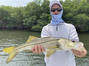A fly angler holds up a snook that he caught on a surface fly