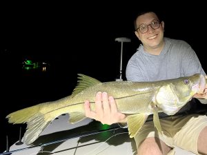 An angler holds out a large snook for the camera
