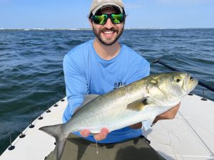 An angler holds a bluefish up for the camera