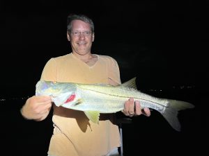 An angler holds up a snook he caught while fly fishing in Sarasota, FL on dock lights
