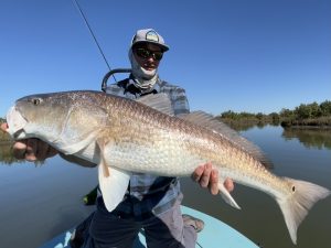 An angler holds a giant redfish up for the camera