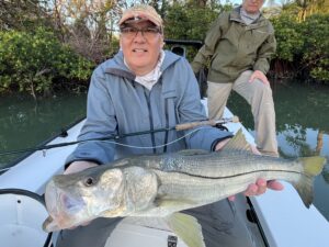 An angler smiles and holds a big snook that was caught while fly fishing in Sarasota, FL